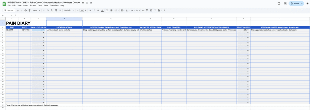 This is a screenshot of the Pain Diary in Excel or Google Sheet format.